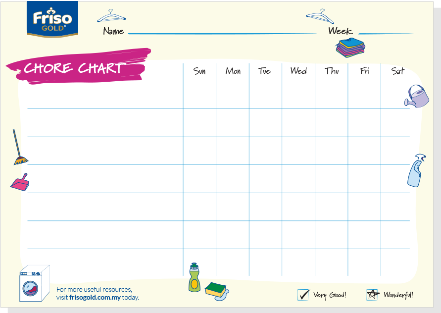 Chore chart with boxes to fill in the chores child carries out