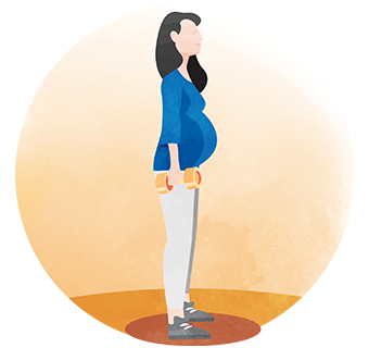 Pregnant lady standing straight holding dumbbells in her hands