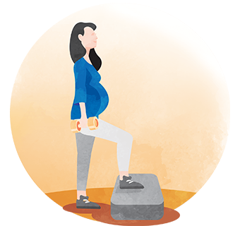 Pregnant lady holding dumbbells and stepping up an elevated surface