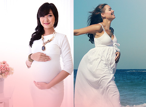 Pregnant women both in different styles of white maternity dresses