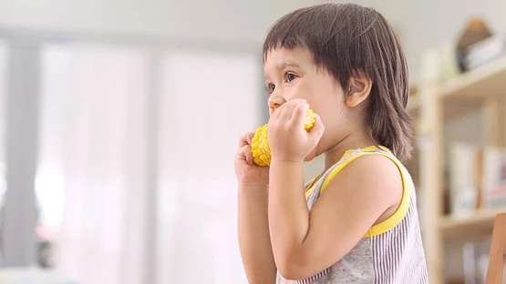 Kid is eating corn to ensure sufficient of nutrients