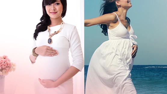 Pregnant women both in different styles of white maternity dresses